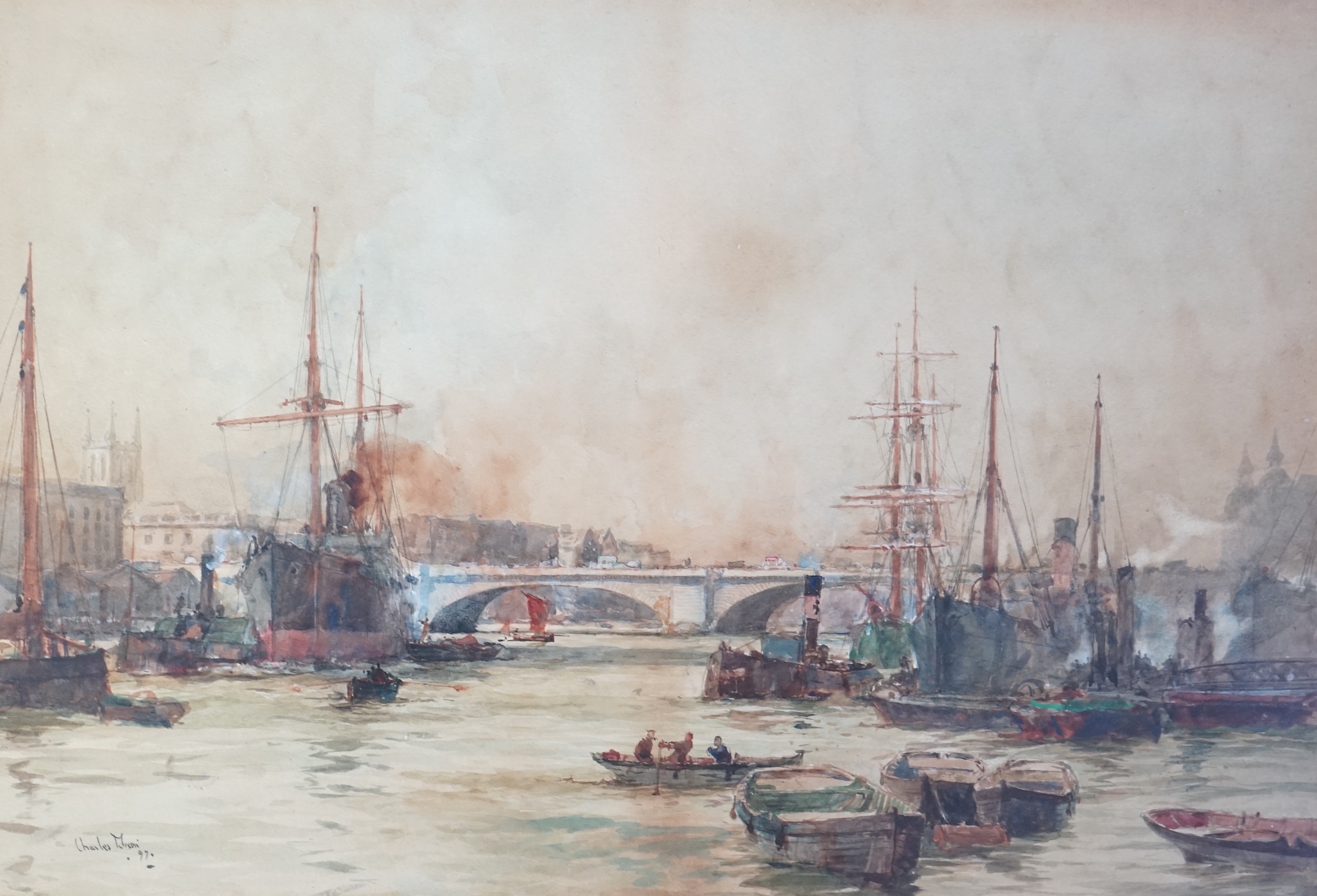 Charles Edward Dixon (English, 1872-1934), 'Greenwich Reach' and 'View to Southwark Bridge', watercolours, a pair, 36 x 53.5cm